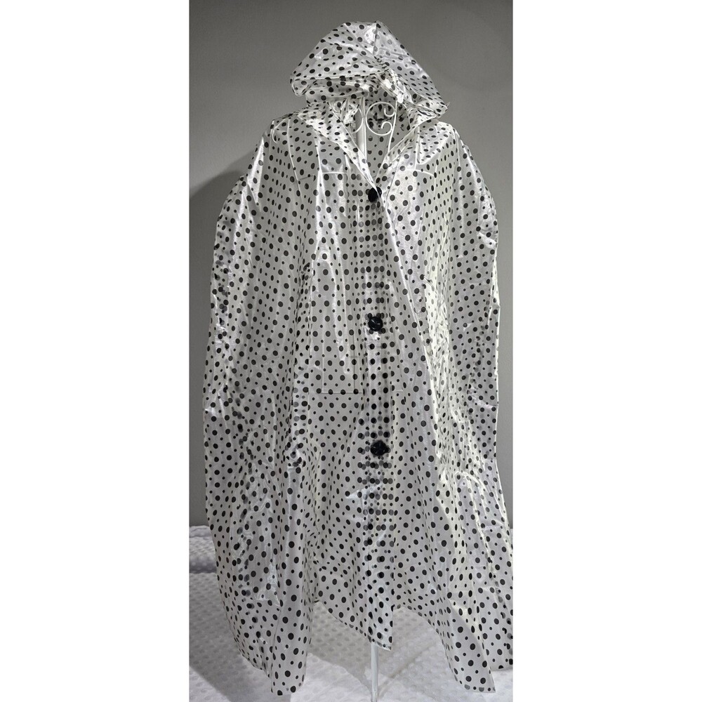 Vintage Clear Black Polka Dot Vinyl Rain Poncho Cape  Hood Made In Taiwan Set - Picture 2 of 12